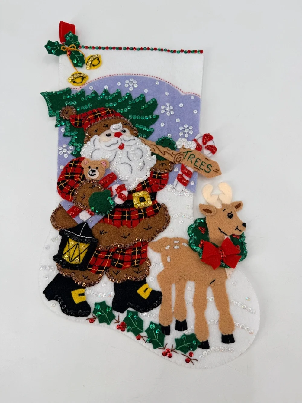 Bucilla 18” Lumberjack Santa Christmas Stocking Holiday Sparkle Sequin COMPLETED
